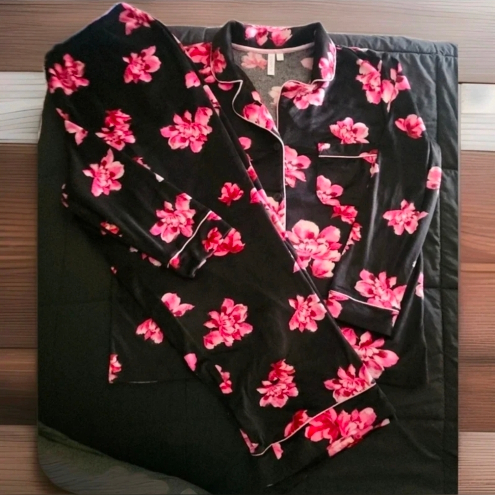 Joyspun Long Sleeve Button Down Top Wide Leg Fleece Floral Pajama SET XL